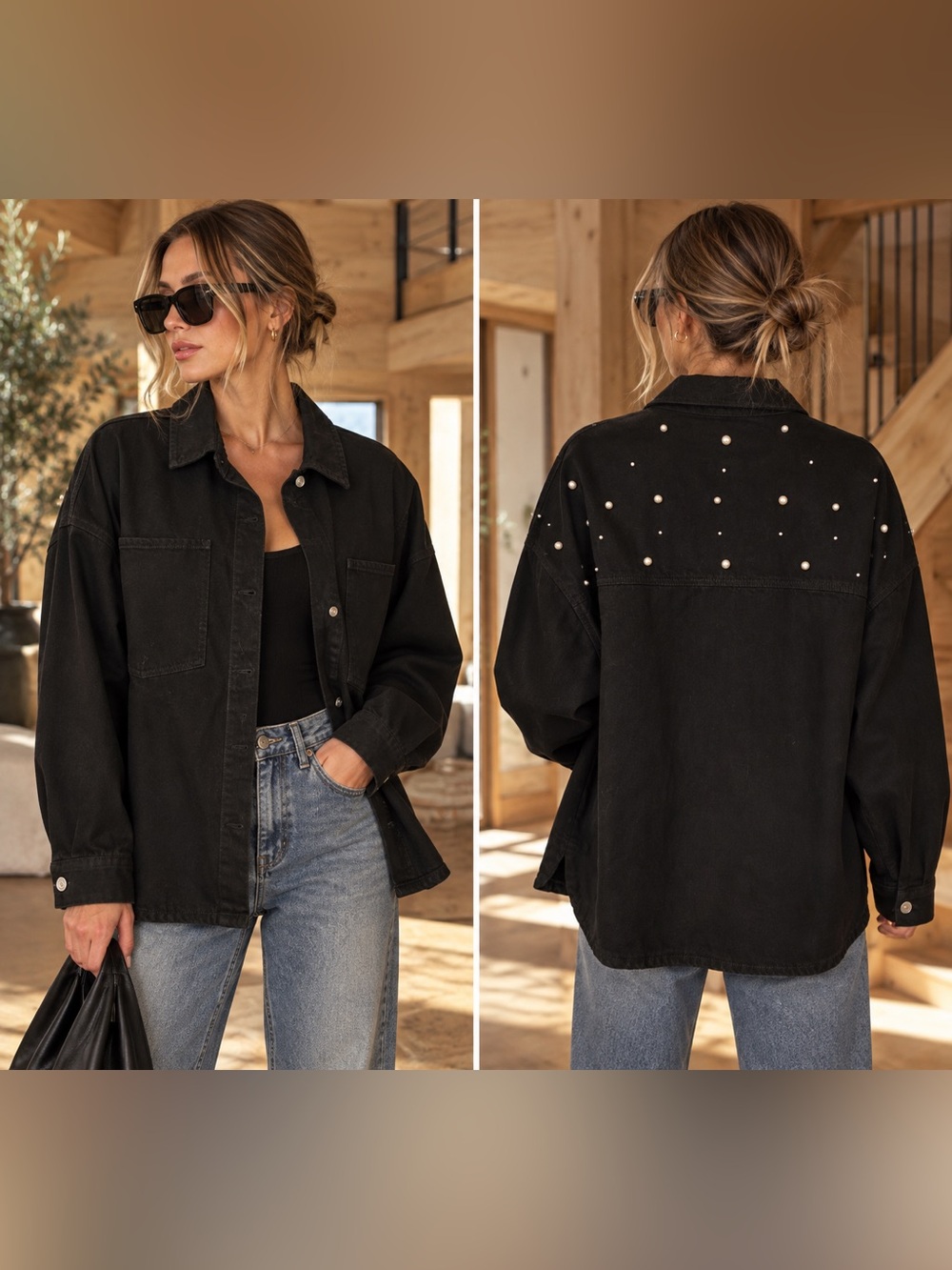 Pearl-Embellished Black Denim Jacket